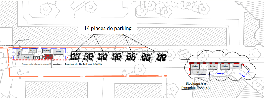 Plan des stationnements aux abords des chantiers du comblement des carrières, avenue du Docteur Antoine Lacroix