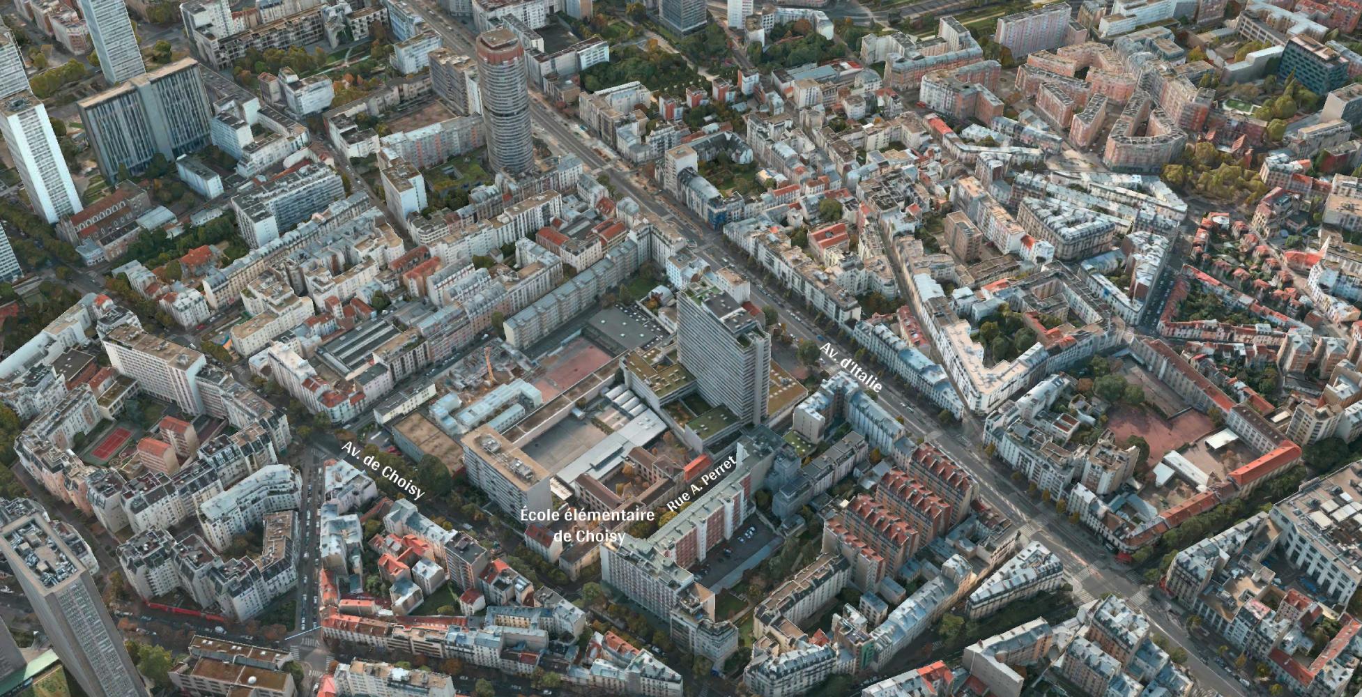 Vue aérienne du quartier des travaux de prolongement au sud de la ligne 14 dans le 13e arrondissement, pointant l'emplacement de l'école élémentaire de Choisy