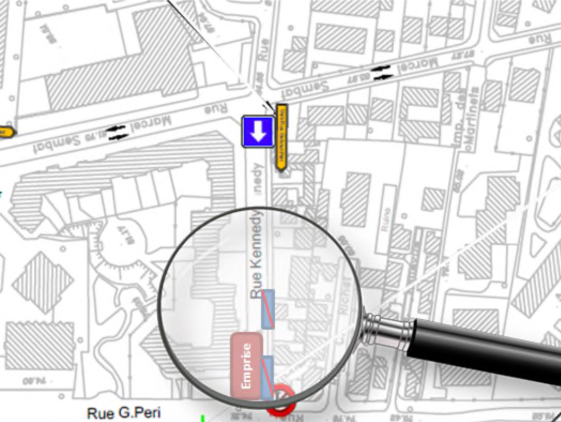 Plan schématique n°2, zoom sur les déviations et stationnements supprimés rue Kennedy