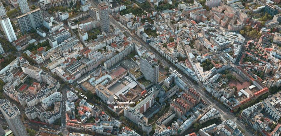 Vue aérienne du quartier des travaux de prolongement au sud de la ligne 14 dans le 13e arrondissement, pointant l'emplacement de l'école élémentaire de Choisy